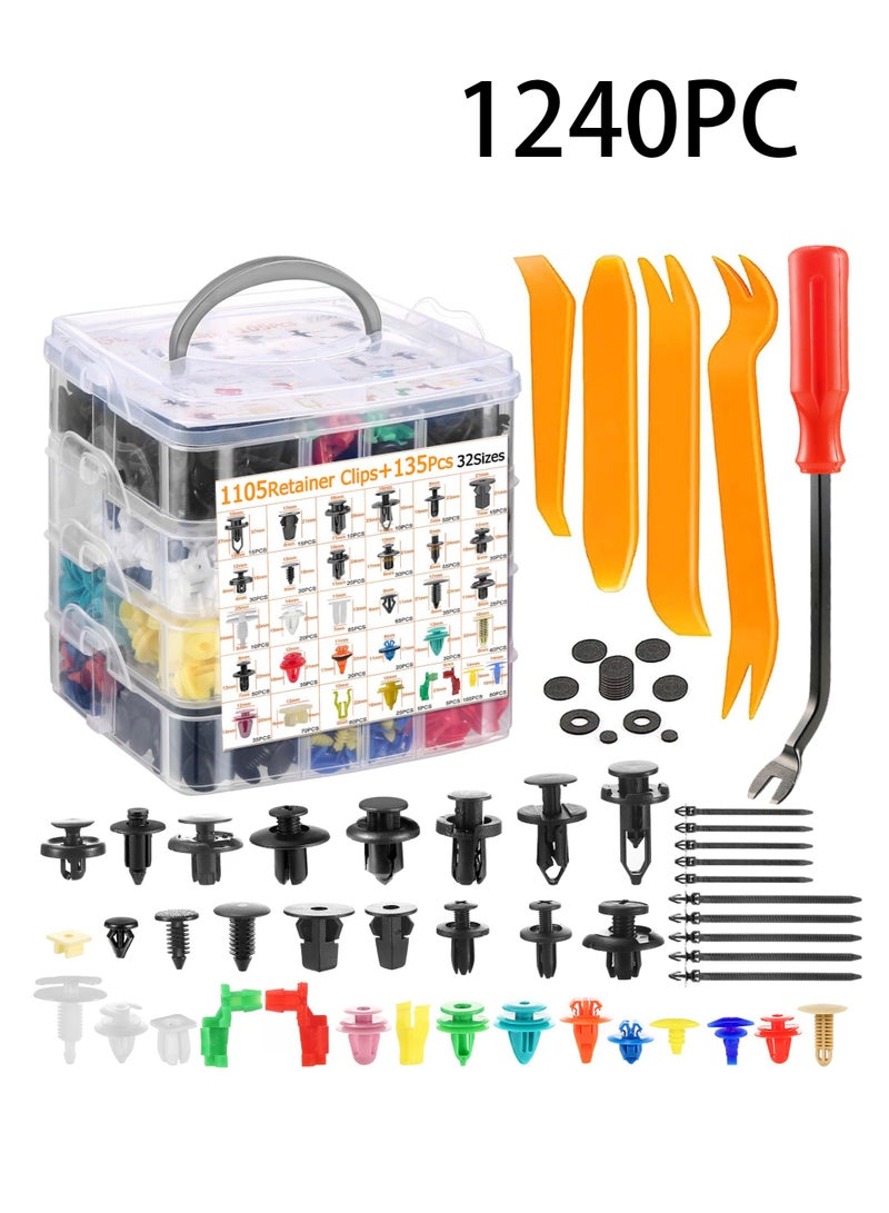 1240 Pcs Car Retainer Clips & Fasteners Kit – 32 Universal Sizes Nylon Bumper, Fender Rivets, Door Panel Clips, and Plastic Rivets with 10 Cable Ties and Removal Tool for Toyota, Ford, Honda, Chevy - Image 1